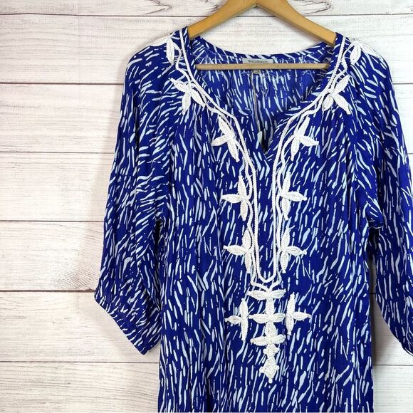 World Market Blue White Embroidered Boho Maxi Long Dress Free Size NWT - Picture 4 of 15